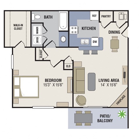 Floor plan for 1 bed, 1 bath, 810 sqft